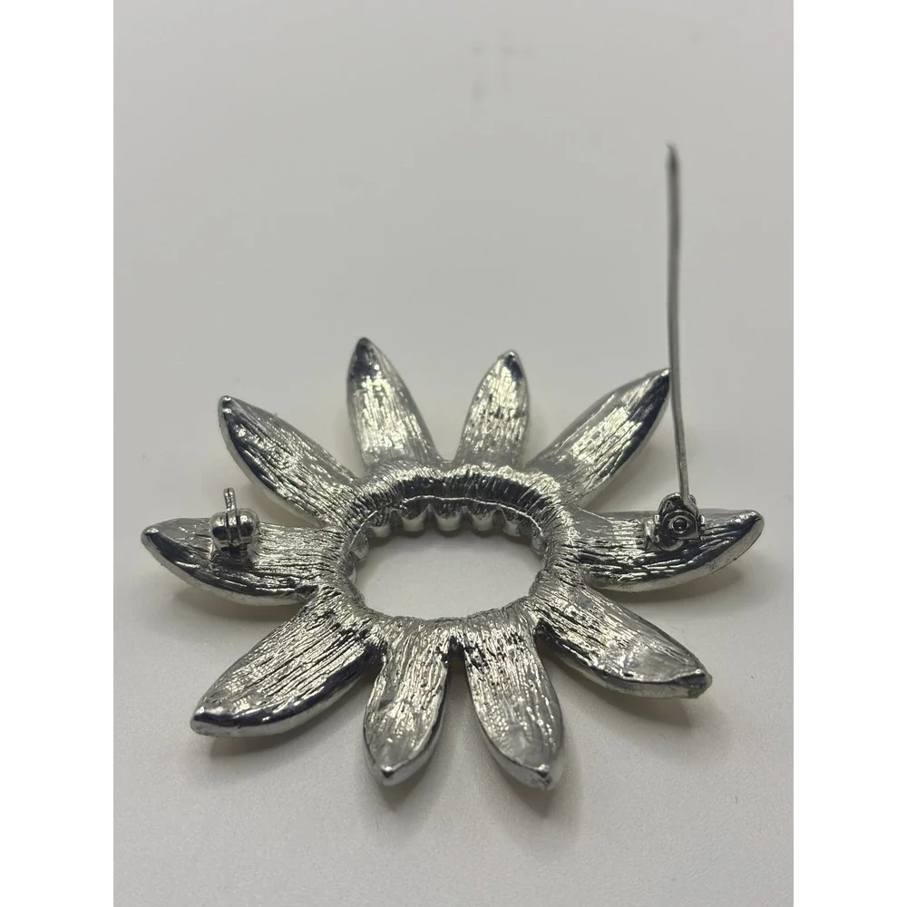 Vintage Yellow Enamel Sunflower Brooch Amber Rhinestone Glitter‎ Floral Pin